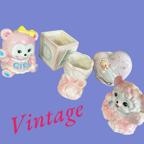 VINTAGE SET OF 5 BABY THEMED PLANTERS - Picture 1 of 16